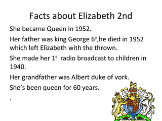 Facts about Elizabeth 2nd
She became Queen in 1952.
Her father was king George 6th,he died in 1952
which left Elizabeth with the thrown.
She made her 1st radio broadcast to children in
1940.
Her grandfather was Albert duke of york.
She’s been queen for 60 years.
.

 