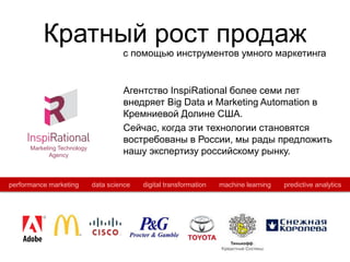 Кратный рост продаж
Агентство InspiRational более семи лет
внедряет Big Data и Marketing Automation в
Кремниевой Долине США.
Сейчас, когда эти технологии становятся
востребованы в России, мы рады предложить
нашу экспертизу российскому рынку.Marketing Technology
Agency
performance marketing data science digital transformation machine learning predictive analytics
с помощью инструментов умного маркетинга
 