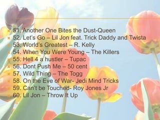 ?   51. Another One Bites the Dust-Queen
?   52. Lets Go C Lil Jon feat. Trick Daddy and Twista
?   53. Worlds Greatest C R. Kelly
?   54. When You Were Young C The Killers
?   55. Hell 4 a hustler C Tupac
?   56. Dont Push Me C 50 cent
?   57. Wild Thing C The Togg
?   58. On the Eve of War- Jedi Mind Tricks
?   59. Cant be Touched- Roy Jones Jr
?   60. Lil Jon C Throw It Up
 