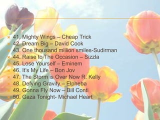 ?   41. Mighty Wings C Cheap Trick
?   42. Dream Big C David Cook
?   43. One thousand million smiles-Sudirman
?   44. Raise to The Occasion C Sizzla
?   45. Lose Yourself C Eminem
?   46. Its My Life C Bon Jov
?   47. The Storm is Over Now R. Kelly
?   48. Defying Gravity C Elpheba
?   49. Gonna Fly Now C Bill Conti
?   50. Gaza Tonight- Michael Heart
 