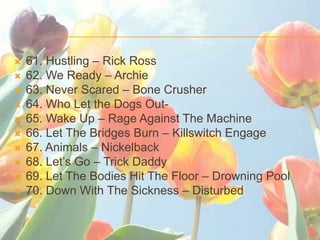 ?   61. Hustling C Rick Ross
?   62. We Ready C Archie
?   63. Never Scared C Bone Crusher
?   64. Who Let the Dogs Out-
?   65. Wake Up C Rage Against The Machine
?   66. Let The Bridges Burn C Killswitch Engage
?   67. Animals C Nickelback
?   68. Lets Go C Trick Daddy
?   69. Let The Bodies Hit The Floor C Drowning Pool
?   70. Down With The Sickness C Disturbed
 