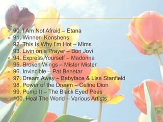 ?   90. I Am Not Afraid C Etana
?   91. Winner- Konshens
?   92. This Is Why Im Hot C Mims
?   93. Livin on a Prayer C Bon Jovi
?   94. Express Yourself C Madonna
?   95. Broken Wings C Mister Mister
?   96. Invincible C Pat Benetar
?   97. Dream Away C Babyface & Lisa Stanfield
?   98. Power of the Dream C Celine Dion
?   99. Pump It C The Black Eyed Peas
?   100. Heal The World C Various Artists
 