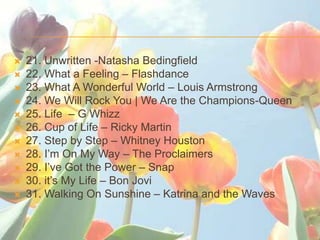 ?   21. Unwritten -Natasha Bedingfield
?   22. What a Feeling C Flashdance
?   23. What A Wonderful World C Louis Armstrong
?   24. We Will Rock You | We Are the Champions-Queen
?   25. Life C G Whizz
?   26. Cup of Life C Ricky Martin
?   27. Step by Step C Whitney Houston
?   28. Im On My Way C The Proclaimers
?   29. Ive Got the Power C Snap
?   30. its My Life C Bon Jovi
?   31. Walking On Sunshine C Katrina and the Waves
 
