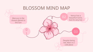 Mercury is the
closest planet to
the Sun
BLOSSOM MIND MAP
0
1
Venus has a
beautiful name,
but its very hot
02
03
Despite being
red, Mars is a
cold place
 