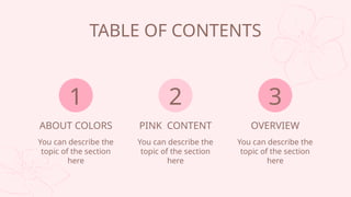 ABOUT COLORS
You can describe the
topic of the section
here
PINK CONTENT
You can describe the
topic of the section
here
OVERVIEW
You can describe the
topic of the section
here
TABLE OF CONTENTS
1 2 3
 