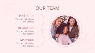 OUR TEAM
MARY DOE
You can talk about
this person
JANE SMITH
You can talk about
this person
HELENA ROE
You can talk about
this person
 