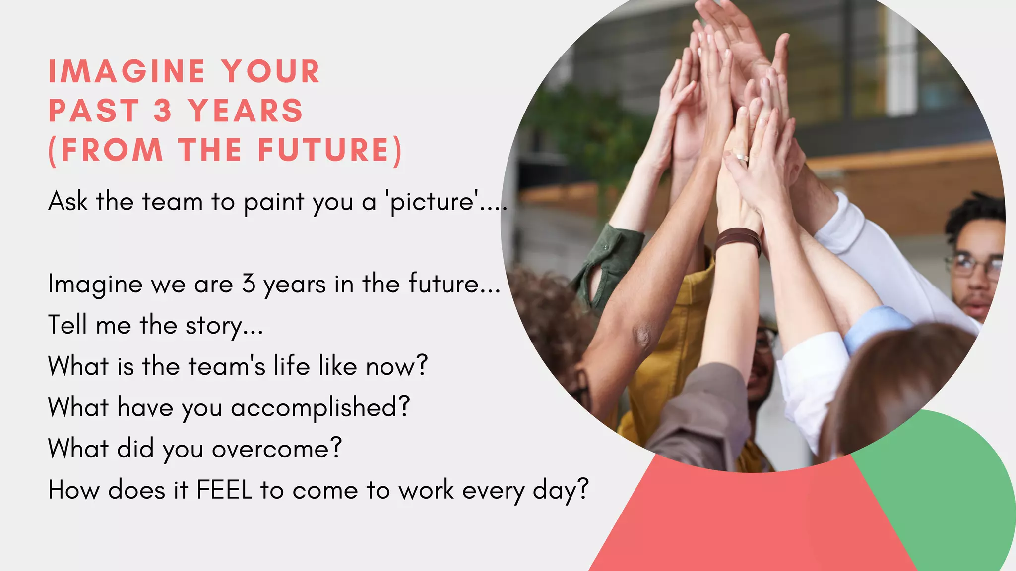 IMAGINE YOUR
PAST 3 YEARS
(FROM THE FUTURE)
Ask the team to paint you a 'picture'....
Imagine we are 3 years in the future...
Tell me the story...
What is the team's life like now?
What have you accomplished?
What did you overcome?
How does it FEEL to come to work every day?
 
