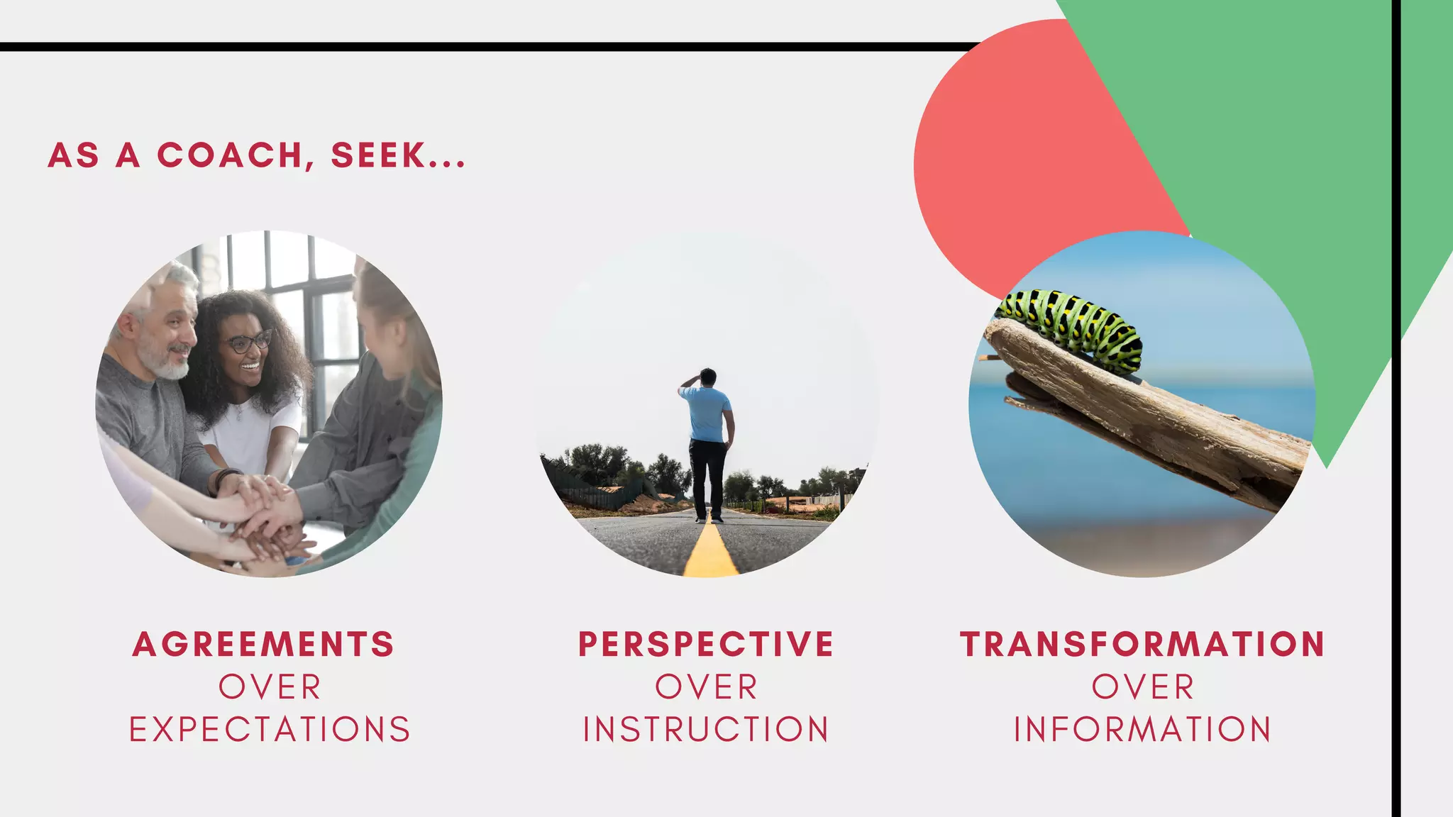 AGREEMENTS
O V E R
E X P E C T A T I O N S
TRANSFORMATION
O V E R
I N F O R M A T I O N
PERSPECTIVE
O V E R
I N S T R U C T I O N
AS A COACH, SEEK...
 