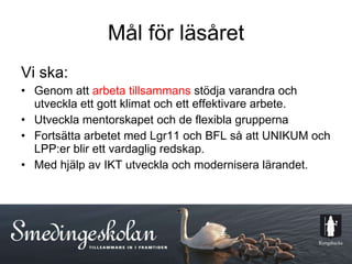 Mål för läsåret Vi ska:  Genom att  arbeta tillsammans  stödja varandra och utveckla ett gott klimat och ett effektivare arbete. Utveckla mentorskapet och de flexibla grupperna Fortsätta arbetet med Lgr11 och BFL så att UNIKUM och LPP:er blir ett vardaglig redskap. Med hjälp av IKT utveckla och modernisera lärandet. 
