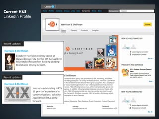 Current H&S
LinkedIn Profile
Recent Updates
Harrison & Shriftman
Elizabeth Harrison recently spoke at
Harvard University for the 5th Annual CEO
Roundtable focused on Building Leading
Brands and Driving Growth.
Recent Updates
Harrison & Shriftman
Join us in celebrating H&S’s
19 years of experience in
communications. What to
expect from H&S going
forward.
 