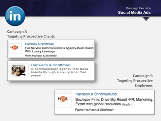 Apply!
Campaign A
Targeting Prospective Clients
Campaign B
Targeting Prospective
Employees
Campaign Execution
Social Media Ads
 