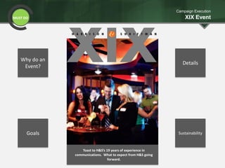 MUST DO
Campaign Execution
XIX Event
Why do an
Event?
Goals
Details
Sustainability
XIX
Toast to H&S’s 19 years of experience in
communications. What to expect from H&S going
forward.
 