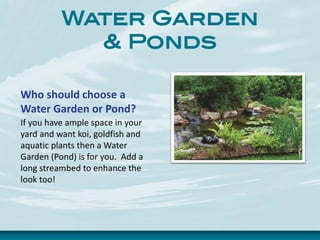 Water Garden
& Ponds
Who should choose a
Water Garden or Pond?
If you have ample space in your
yard and want koi, goldfish and
aquatic plants then a Water
Garden (Pond) is for you. Add a
long streambed to enhance the
look too!
 