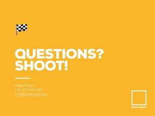 pieter baert
🏁
QUESTIONS?
SHOOT!
Pieter Baert
+32 473 667 861
info@pieterbaert.be
 