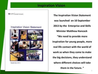 Inspiration Vision
The Inspiration Vision Statement
was launched on 10 September
2013 by the Enterprise and Skills
Minister Matthew Hancock
“We need to provide more
inspiration for young people, more
real life contact with the world of
work so when they come to make
the big decisions, they understand
where different choices will take
them in the future. ”
1

 