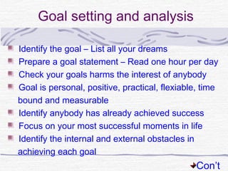 Goal setting and analysis

Identify the goal – List all your dreams
Prepare a goal statement – Read one hour per day
Check your goals harms the interest of anybody
Goal is personal, positive, practical, flexiable, time
bound and measurable
Identify anybody has already achieved success
Focus on your most successful moments in life
Identify the internal and external obstacles in
achieving each goal
                                                Con’t
 