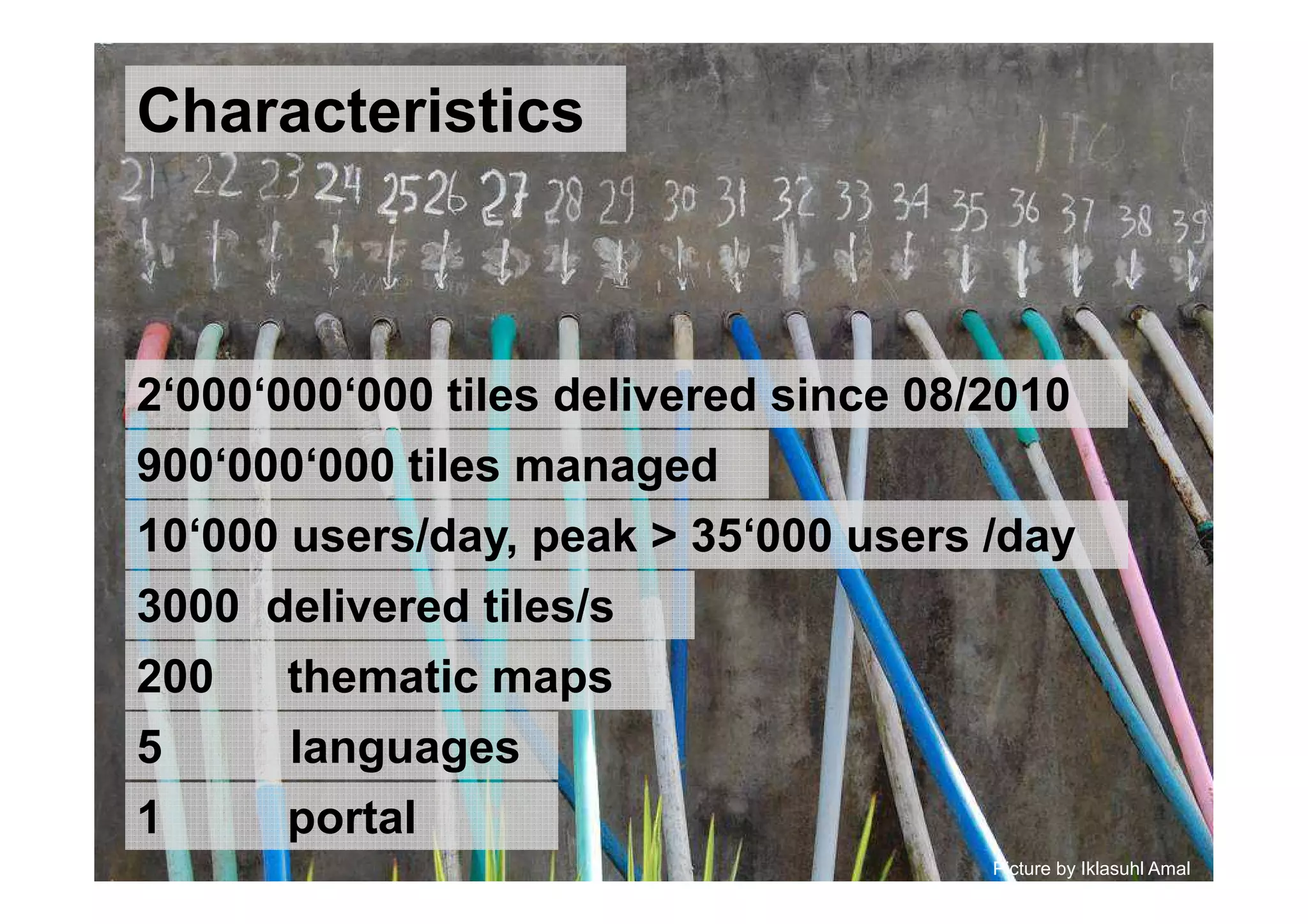Picture by Iklasuhl Amal
Characteristics
900‘000‘000 tiles managed
10‘000 users/day, peak > 35‘000 users /day
3000 delivered tiles/s
200 thematic maps
5 languages
1 portal
2‘000‘000‘000 tiles delivered since 08/2010
 