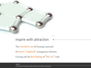 inspire with attraction
The evocative            use of Geomag’s potential
for smart       “inspired” management solutions:
Geomag and the developing of “biz-viz” tools.


©2006
by Vincenzo Cammarata, Valentina Maj, Sarah Milani, Maja Pazur