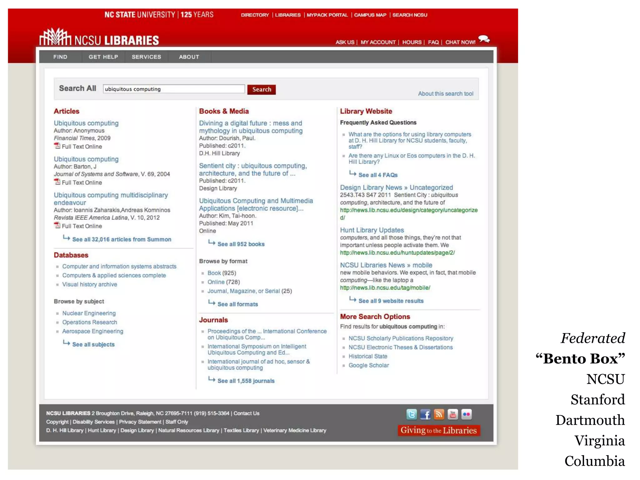 34

Federated
“Bento Box”
NCSU
Stanford
Dartmouth
Virginia
Columbia

 