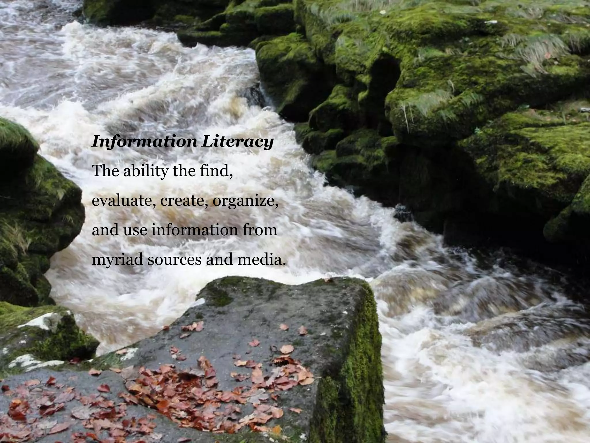 Information Literacy
The ability the find,

evaluate, create, organize,
and use information from
myriad sources and media.

44

 