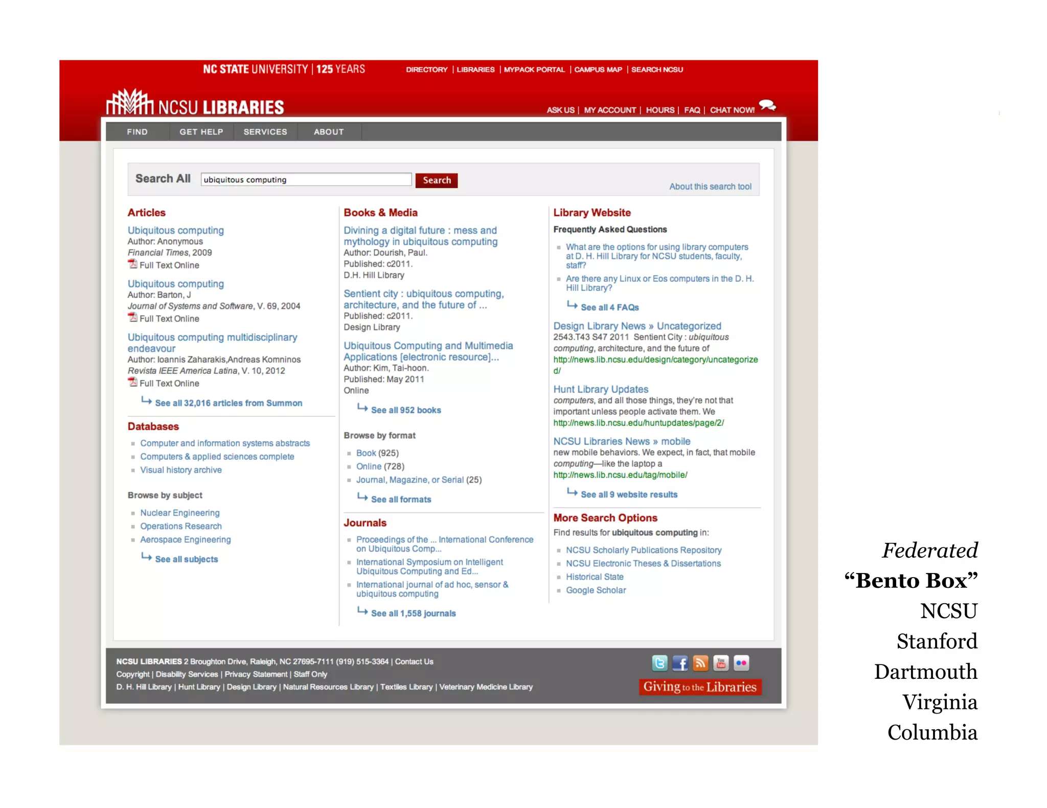 34

Federated
“Bento Box”
NCSU
Stanford
Dartmouth
Virginia
Columbia

 