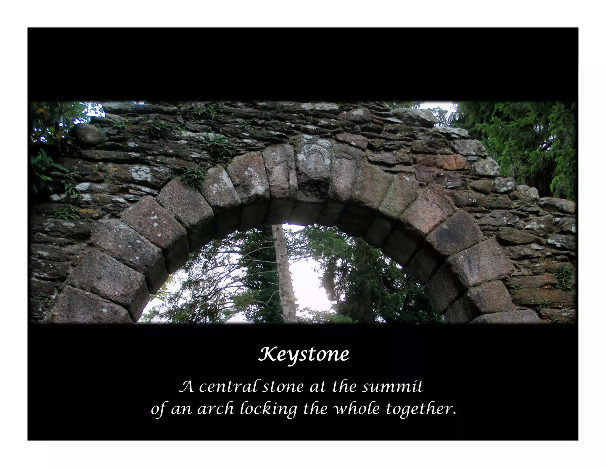Keystone
A central stone at the summit
of an arch locking the whole together.
61

 