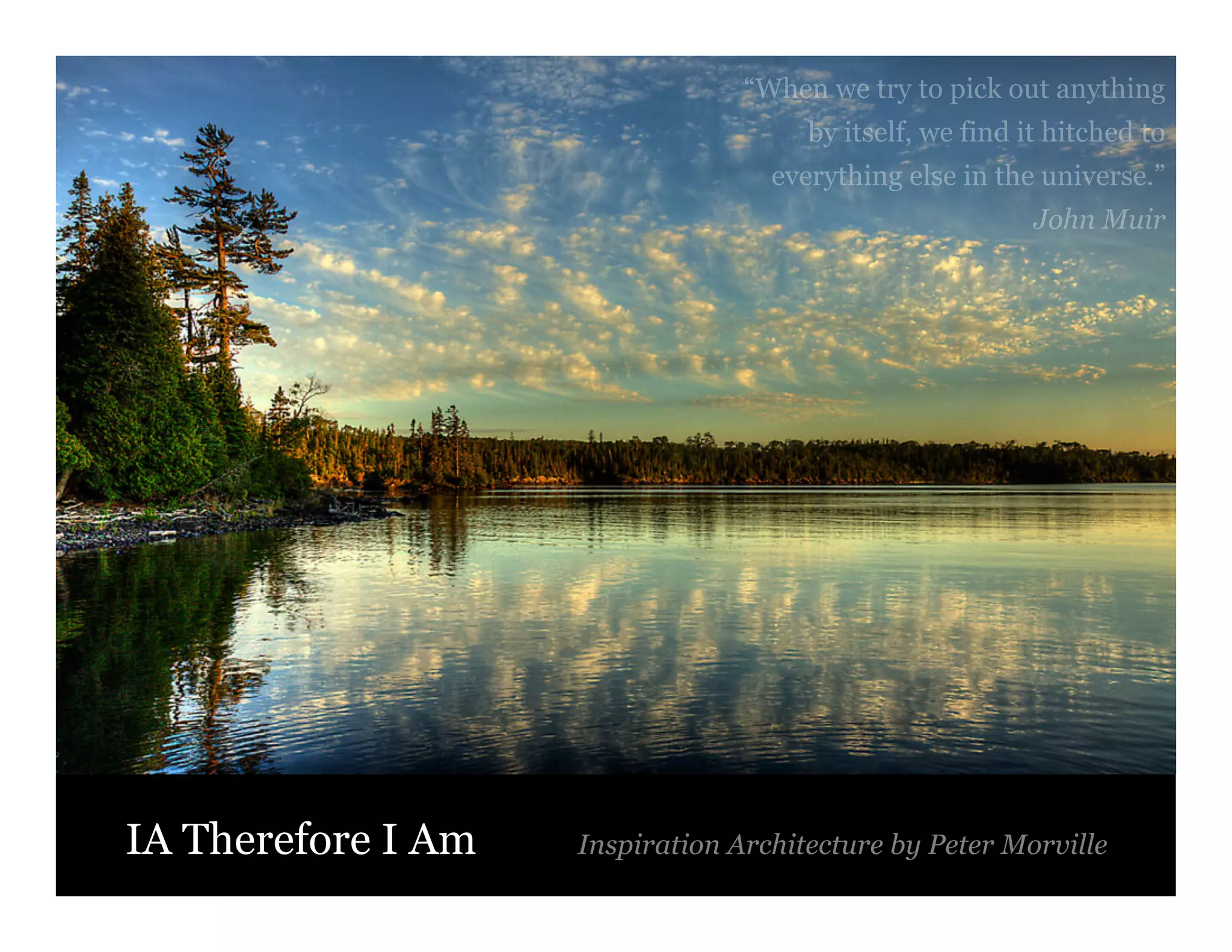 “When we try to pick out anything
by itself, we find it hitched to
everything else in the universe.”
John Muir

IA Therefore I Am

Inspiration Architecture by Peter Morville
67

 