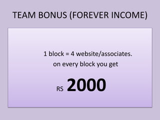1 block = 4 website/associates.
on every block you get
RS 2000
TEAM BONUS (FOREVER INCOME)
 