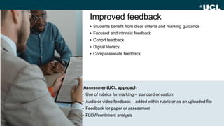 Improved feedback
AssessmentUCL approach
• Use of rubrics for marking – standard or custom
• Audio or video feedback – add...