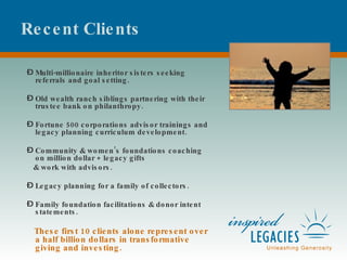 Recent Clients Multi-millionaire inheritor sisters seeking referrals and goal setting. Old wealth ranch siblings partnering with their trustee bank on philanthropy. Fortune 500 corporations advisor trainings and legacy planning curriculum development. Community & women’s foundations coaching on million dollar + legacy gifts & work with advisors. Legacy planning for a family of collectors.  Family foundation facilitations & donor intent statements. These first 10 clients alone represent over a half billion dollars in transformative giving and investing. 