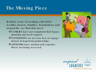 The Missing Piece In thirty years of working with 6000+ wealthy donors, families, foundations and nonprofits, we find that most: FAMILIES have not completed their legacy planning and need support. NONPROFITS are not sure how to engage donors in long-term partnerships. ADVISORS have wisdom and expertise that is not being accessed. 