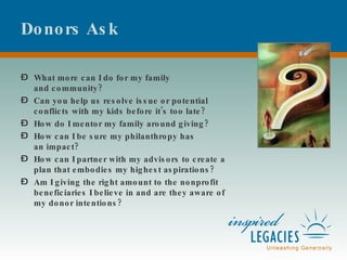 Donors Ask What more can I do for my family  and community?  Can you help us resolve issue or potential conflicts with my kids before it's too late?  How do I mentor my family around giving?  How can I be sure my philanthropy has an impact? How can I partner with my advisors to create a plan that embodies my highest aspirations? Am I giving the right amount to the nonprofit beneficiaries I believe in and are they aware of my donor intentions? 