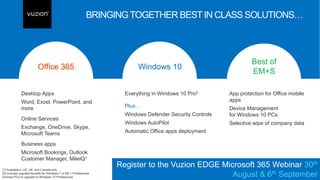 Desktop Apps
Word, Excel, PowerPoint, and
more
Online Services
Exchange, OneDrive, Skype,
Microsoft Teams
Business apps
Microsoft Bookings, Outlook
Customer Manager, MileIQ1
Everything in Windows 10 Pro2
Plus…
Windows Defender Security Controls
Windows AutoPilot
Automatic Office apps deployment
App protection for Office mobile
apps
Device Management
for Windows 10 PCs
Selective wipe of company data
Windows 10
Best of
EM+S
Office 365
[1] Available in US, UK, and Canada only
[2] Includes upgrade benefits for Windows 7 or 8/8.1 Professional
licensed PCs to upgrade to Windows 10 Professional
BRINGINGTOGETHER BESTIN CLASS SOLUTIONS…
Register to the Vuzion EDGE Microsoft 365 Webinar 30th
August & 6th September
 