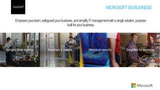 Achieve more together Anywhere it matters Always-on security Simplified for business
MICROSOFT365BUSINESS
Empoweryourteam,safeguardyourbusiness,andsimplifyITmanagementwithasinglesolution,purpose-
builtforyourbusiness.
 