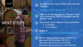 NEXT STEPS
 Ready at:
partners.office.com/Microsoft365Business
 Review Inspire deeper dive sessions on:
Microsoft 365 Business (OFC01),
Microsoft 365 Enterprise (OFC02),
Microsoft 365 Business & CSP (OFC03)
Download Vuzion eBooks (Aug Newsletter)
• To Partner
• Thru Partner

Register to the Vuzion EDGE Microsoft 365
Webinar

Sign up for the Preview on 2 August , build
your experience, base & managed service
solution sets

30th August & 6th September
 