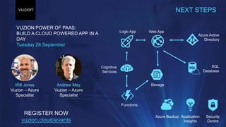 NEXT STEPS
Web App
Azure Active
Directory
Logic App
Storage
SQL
Database
Cognitive
Services
Security
Centre
Application
Insights
Azure Backup
Functions
Andrew May
Vuzion – Azure
Specialist
Will Jones
Vuzion – Azure
Specialist
REGISTER NOW
vuzion.cloud/events
VUZION POWER OF PAAS:
BUILD A CLOUD POWERED APP IN A
DAY
Tuesday 26 September
 