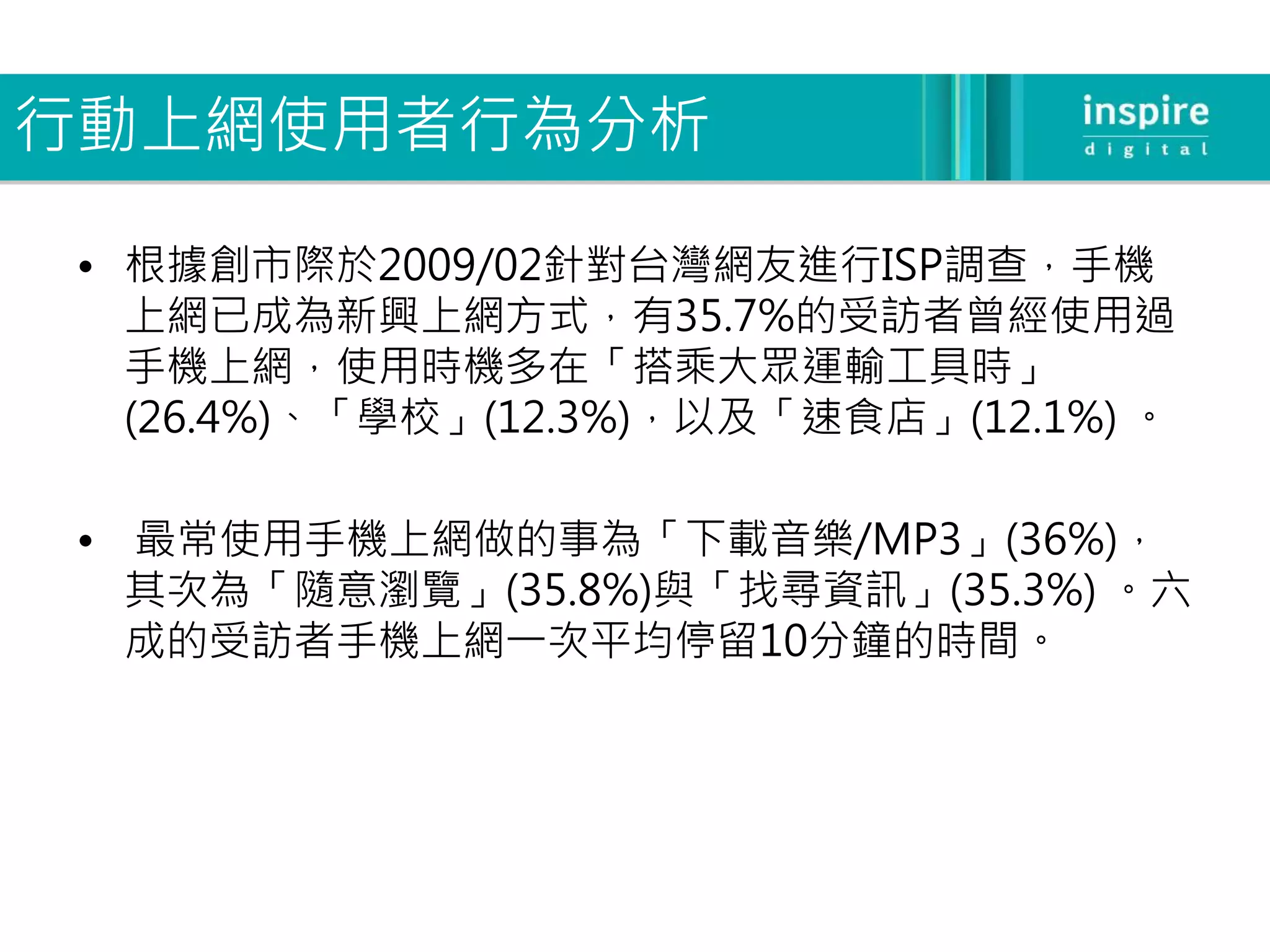 行動上網使用者行為分析

 • 根據創市際於2009/02針對台灣網友進行ISP調查，手機
   上網已成為新興上網方式，有35.7%的受訪者曾經使用過
   手機上網，使用時機多在「搭乘大眾運輸工具時」
   (26.4%)、「學校」(12.3%)，以及「速食店」(12.1%) 。

 • 最常使用手機上網做的事為「下載音樂/MP3」(36%)，
   其次為「隨意瀏覽」(35.8%)與「找尋資訊」(35.3%) 。六
   成的受訪者手機上網一次平均停留10分鐘的時間。
 
