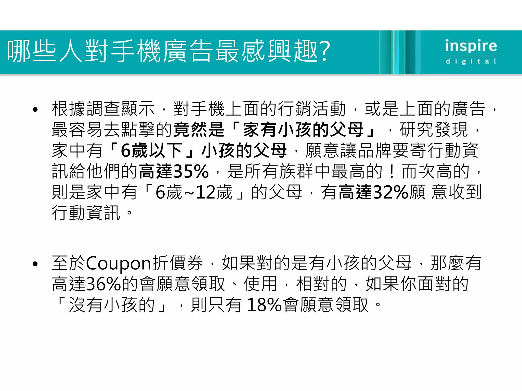 哪些人對手機廣告最感興趣?

 • 根據調查顯示，對手機上面的行銷活動，或是上面的廣告，
   最容易去點擊的竟然是「家有小孩的父母」，研究發現，
   家中有「6歲以下」小孩的父母，願意讓品牌要寄行動資
   訊給他們的高達35%，是所有族群中最高的！而次高的，
   則是家中有「6歲~12歲」的父母，有高達32%願 意收到
   行動資訊。

 • 至於Coupon折價券，如果對的是有小孩的父母，那麼有
   高達36%的會願意領取、使用，相對的，如果你面對的
   「沒有小孩的」，則只有 18%會願意領取。
 