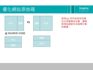 優化網站原始碼
                                使用css 來作排版來改變
                VS              內文與選單的位置，讓網
  內文    選單           選單    內文   頁原始碼更符合搜尋引擎
                                的閱讀。

@ SOURCE CODE

                          選單
   內文
                          內文
   選單
 