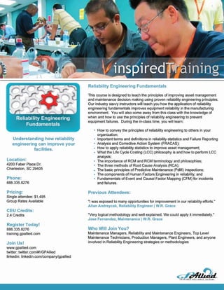 Reliability Engineering Fundamentals Workshop Brochure - March 6-8