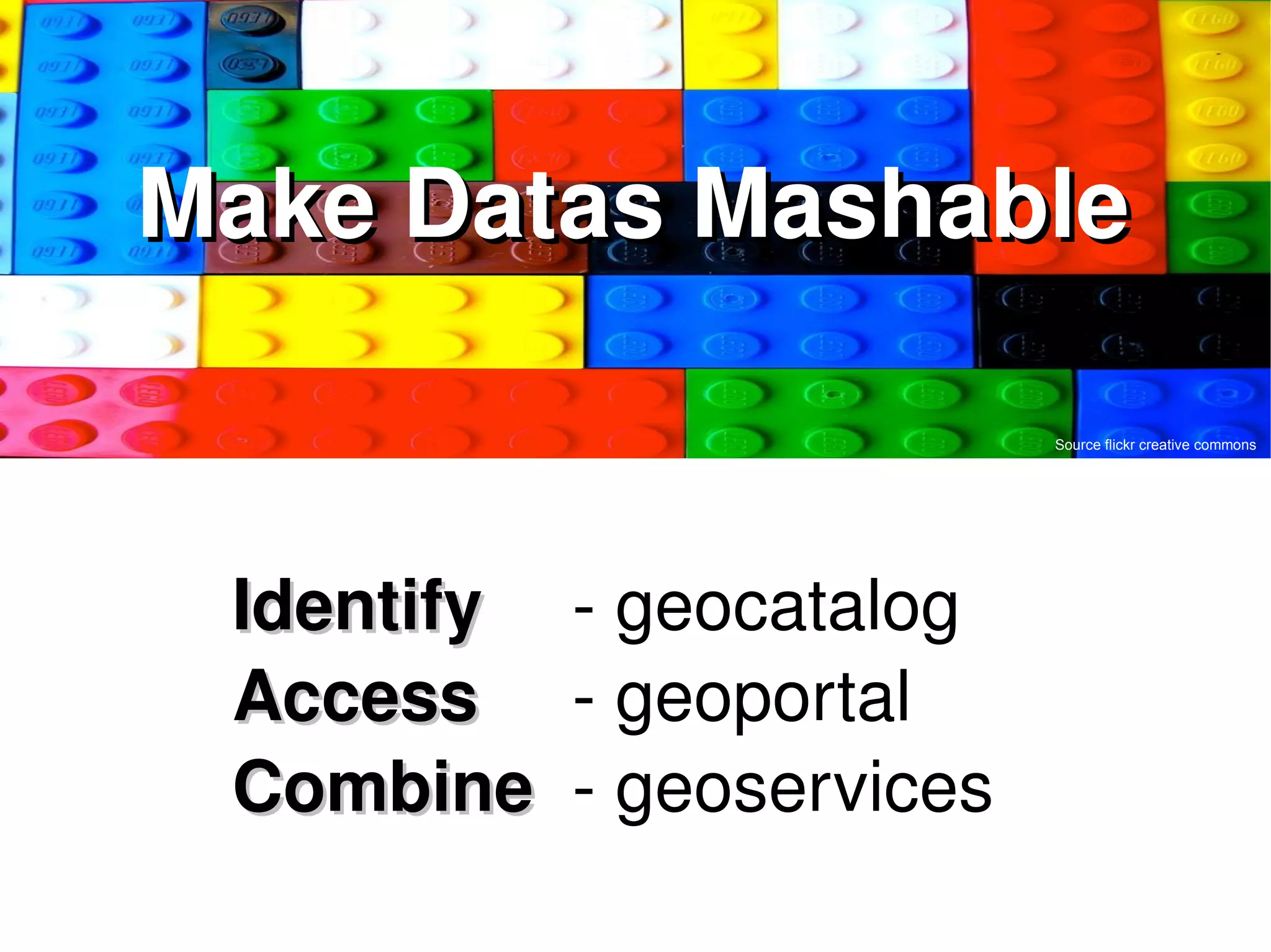List owned spatial datas Have them tagged with metadatas Publish them on the web in usable format Make them available for public and private organizations Free existing spatial datas  
