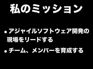 私のミッション
•アジャイルソフトウェア開発の
現場をリードする
•チーム、メンバーを育成する
 