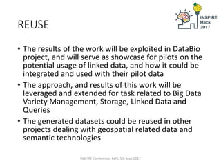 REUSE
• The results of the work will be exploited in DataBio
project, and will serve as showcase for pilots on the
potenti...