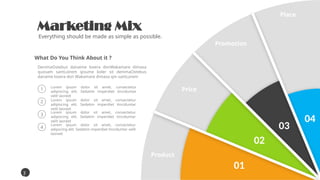 Marketing Mix
Everything should be made as simple as possible.
DenimaOstebus danaime lovera donWakamare dimasa
quosam santLoirem ipsume koler sit denimaOstebus
daname lovera don Wakamare dimasa qm santLorem
What Do You Think About it ?
Lorem ipsum dolor sit amet, consectetur
adipiscing elit. Sedatim imperdiet tinciduntar
velit laoreet
Lorem ipsum dolor sit amet, consectetur
adipiscing elit. Sedatim imperdiet tinciduntar
velit laoreet
Lorem ipsum dolor sit amet, consectetur
adipiscing elit. Sedatim imperdiet tinciduntar
velit laoreet
1
2
3
3
8
Lorem ipsum dolor sit amet, consectetur
adipscing elit. Sedatim imperdiet tinciduntar velit
laoreet
4
01
02
03
04
Product
Price
Promotion
Place
 
