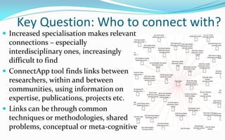 Key Question: Who to connect with?
 Increased specialisation makes relevant
  connections – especially
  interdisciplinary ones, increasingly
  difficult to find
 ConnectApp tool finds links between
  researchers, within and between
  communities, using information on
  expertise, publications, projects etc.
 Links can be through common
  techniques or methodologies, shared
  problems, conceptual or meta-cognitive
 