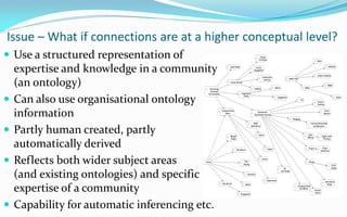 Issue – What if connections are at a higher conceptual level?
 Use a structured representation of
    expertise and knowledge in a community
    (an ontology)
   Can also use organisational ontology
    information
   Partly human created, partly
    automatically derived
   Reflects both wider subject areas
    (and existing ontologies) and specific
    expertise of a community
   Capability for automatic inferencing etc.
 