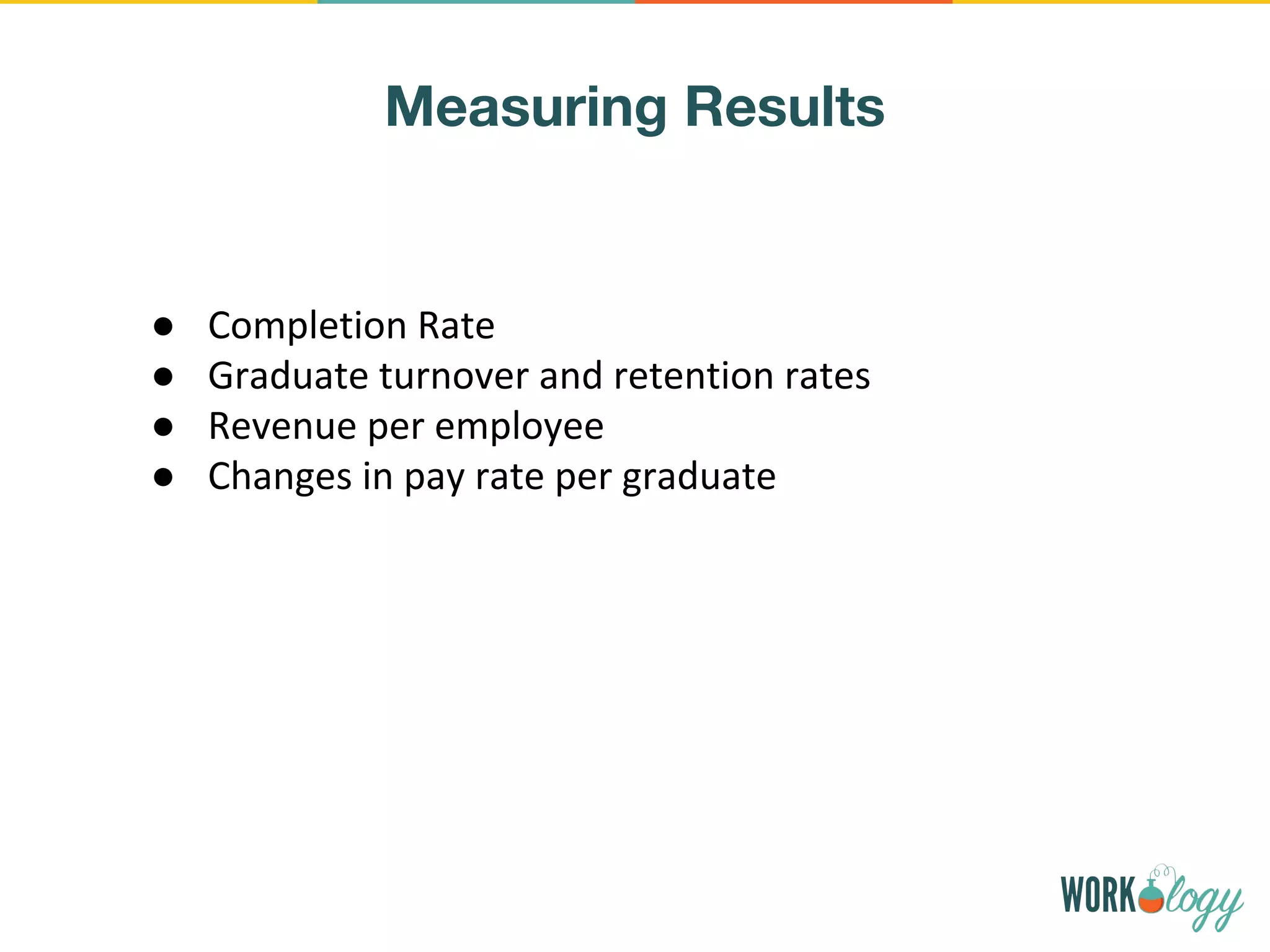 Measuring Results
● Completion Rate
● Graduate turnover and retention rates
● Revenue per employee
● Changes in pay rate per graduate
 