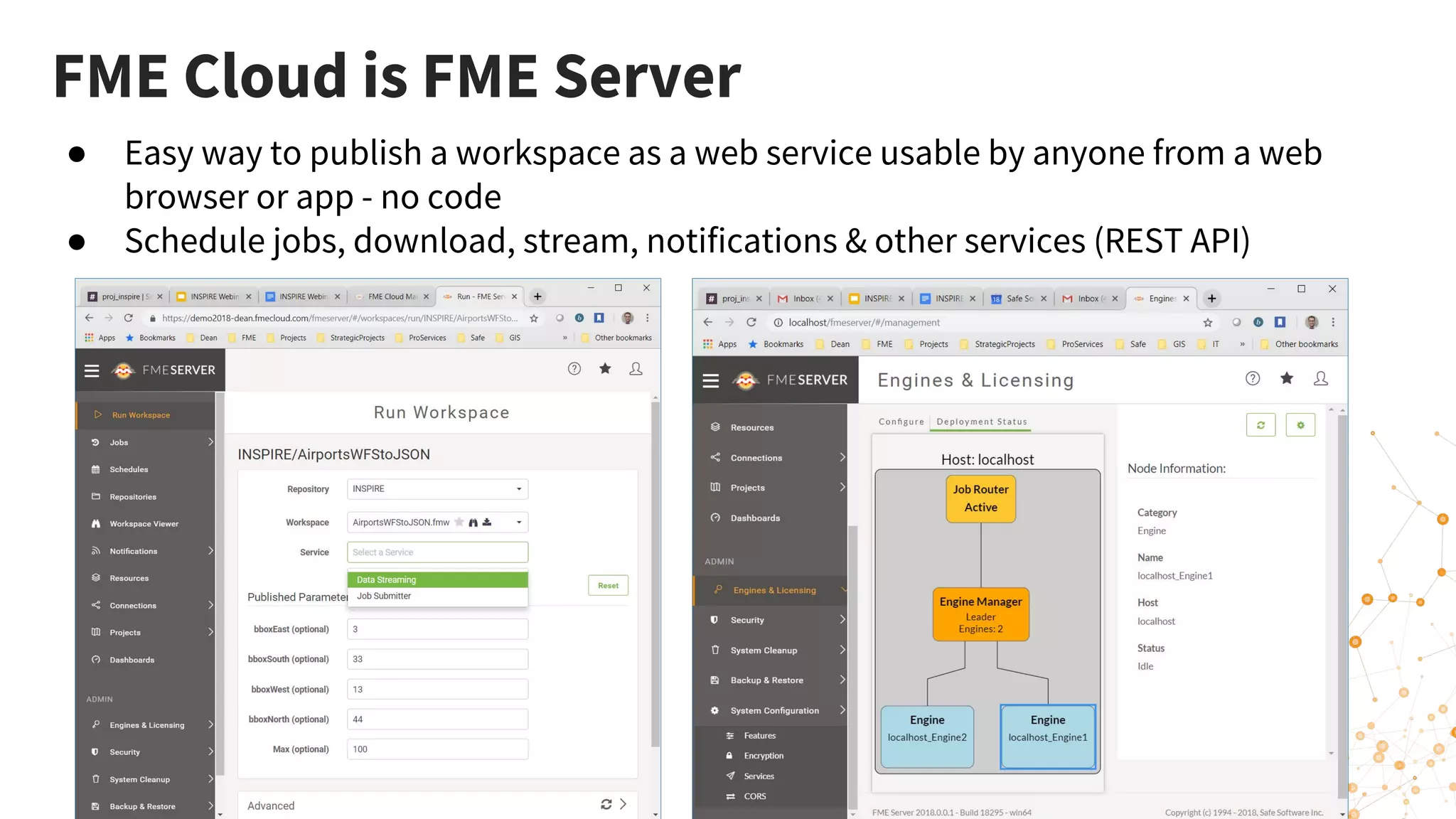 FME Cloud is FME Server
● Easy way to publish a workspace as a web service usable by anyone from a web
browser or app - no code
● Schedule jobs, download, stream, notifications & other services (REST API)
 