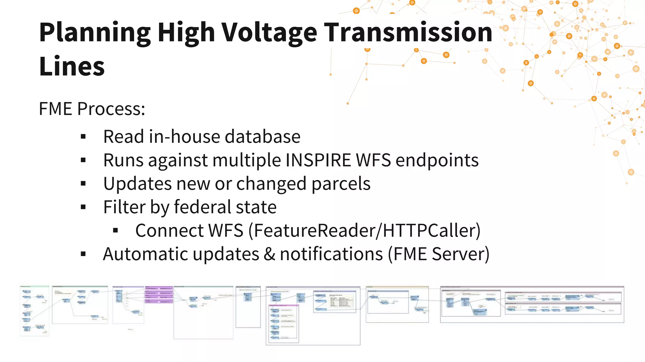 Planning High Voltage Transmission
Lines
FME Process:
▪ Read in-house database
▪ Runs against multiple INSPIRE WFS endpoints
▪ Updates new or changed parcels
▪ Filter by federal state
▪ Connect WFS (FeatureReader/HTTPCaller)
▪ Automatic updates & notifications (FME Server)
 