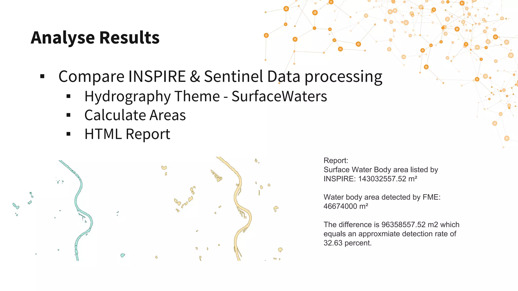 Analyse Results
▪ Compare INSPIRE & Sentinel Data processing
▪ Hydrography Theme - SurfaceWaters
▪ Calculate Areas
▪ HTML Report
Report:
Surface Water Body area listed by
INSPIRE: 143032557.52 m²
Water body area detected by FME:
46674000 m²
The difference is 96358557.52 m2 which
equals an approxmiate detection rate of
32.63 percent.
 